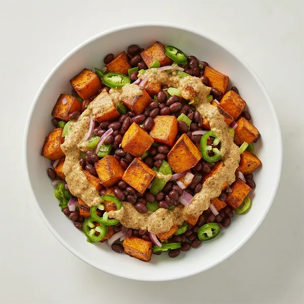 Mexican Marinated Sweet Potato, Black Beans, Jalapeno Salad with Roasted Cumin Dressing